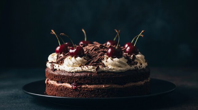 Chocolate cherry layer cake, whipped cream and dark shavings in moody vertical still life with copy space