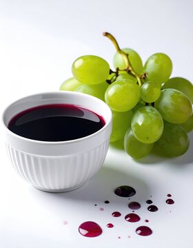 A bowl of dark liquid next to a bunch of green grapes