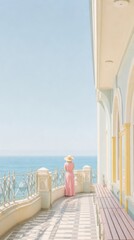 Obraz premium Serene mobile wallpaper of a woman in a pink dress on a balcony overlooking the sea.