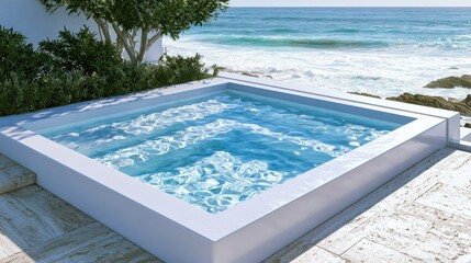 Fototapeta premium Modern white infinity pool on a coastal terrace.