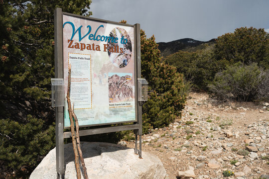Sign marker on the trail for Zapata Falls, Colorado, May 2025