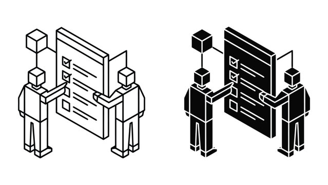 Team collaborative task management and checklist review isometric icons