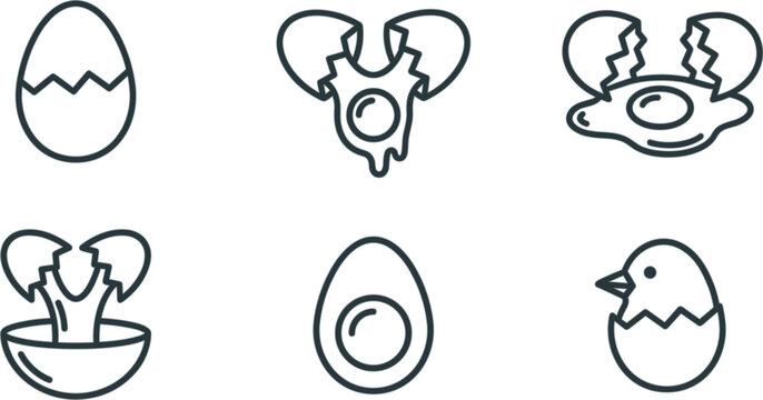 Chicken egg vector icon set featuring whole boiled cracked raw dripping shell bowl yolk and newborn hatching chick outline illustrations