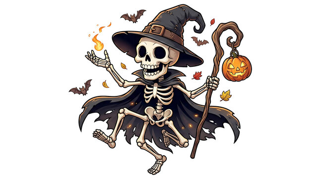 Halloween skeleton PNG with witch hat and jack o lanterns, dancing on autumn leaves, isolated spooky illustration for festive seasonal designs