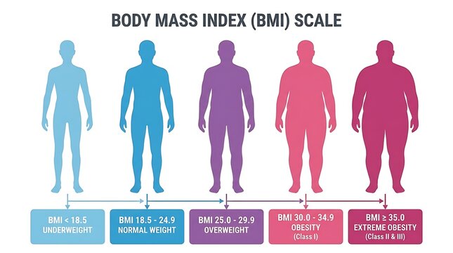 Body mass index bmi classification scale infographic with human silhouettes