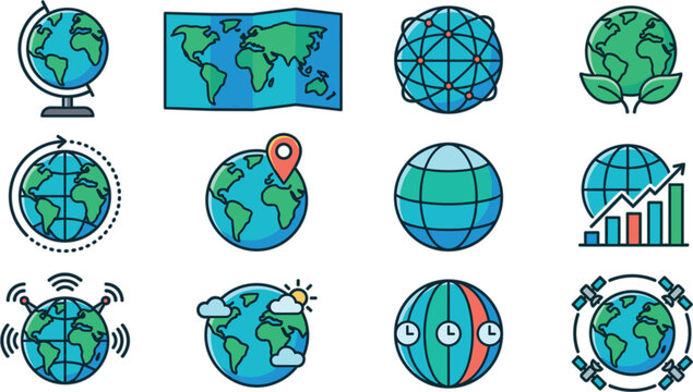 Global map and earth globe vector icon set featuring world map pin connection network eco leaves weather satellites and financial growth charts