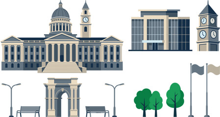 Government building and city architecture vector icon set featuring capitol dome clock tower modern office triumphal arch and plaza park elements © MST