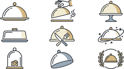 Restaurant cloche vector icon set featuring food platter dome covers service hand cutlery cheese dome and fine dining catering graphic designs © MST