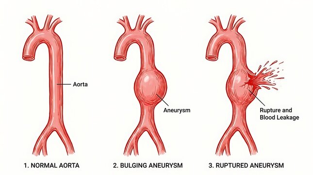 Medical illustration of aorta progression from normal to bulging aneurysm