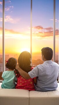 A family of three sits on a couch looking out a large window at a vibrant sunset