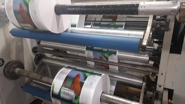 Close-up of a high-speed slitter rewinder inspection machine processing printed flexible plastic packaging film for food labels. Modern industrial manufacturing equipment with automated roll-to-roll p