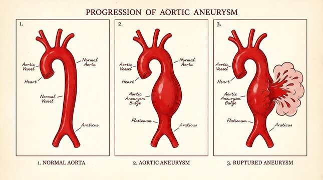Medical illustration showing the progression of an aortic aneurysm in stages