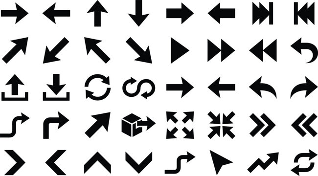 Arrow black silhouettes icons set with direction pointers navigation symbols media player controls undo redo refresh loop upload download and fullscreen interface signs vector