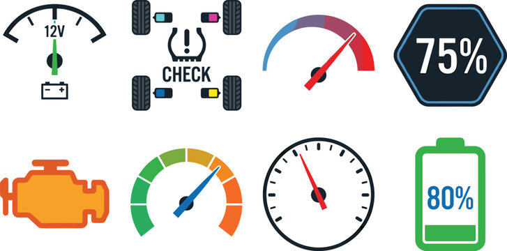 Collection of Colorful Automotive Dashboard Warning Lights, Gauges, and Vehicle Status Indicators