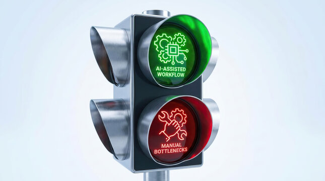 AI technology workflow support decision system traffic light automation digital control process innovation machine icon green light red light manual bottleneck industry engineering concept signal