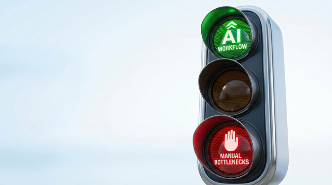 AI workflow and human collaboration concept shown on traffic light with green and red signals representing automation and manual bottlenecks in productivity and process management