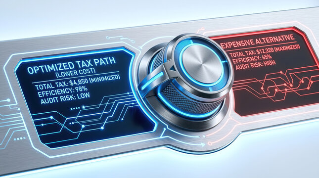 Decision support system concept with futuristic control knob showing optimized tax path and expensive alternative options highlighting efficiency and audit risk in technology interface