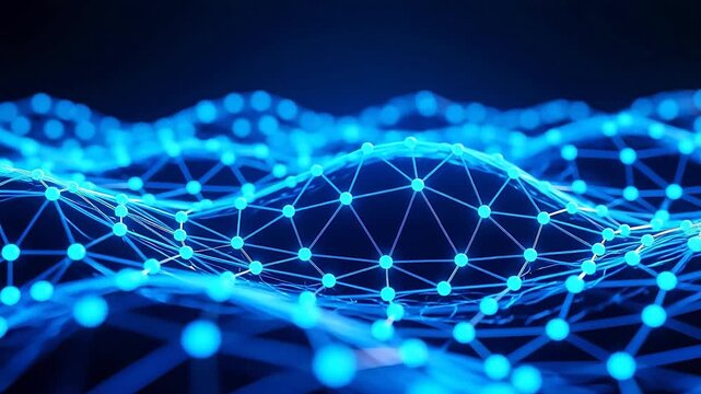 Glowing blue nodes form waves in cyberspace