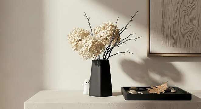 Minimalist Japandi interior still life with dried white hydrangea in matte black hexagonal vase, wooden frame, and subtle ghost figure.