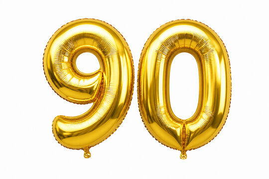 Two large, shiny gold foil balloons shaped like the number 90 are displayed against a white background.