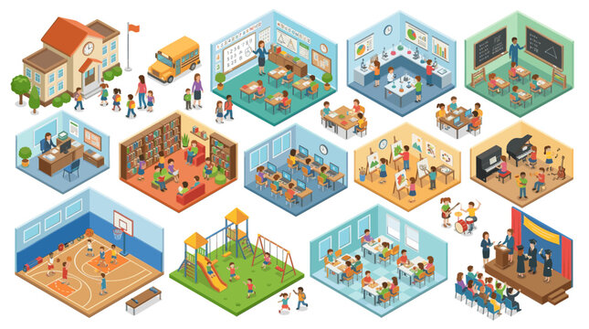 Complete School Education Process in Colorful Isometric Vector Illustration Style