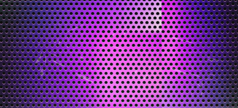 Metal mesh background with perforated plate texture, purple steel grate, circular holes, industrial grid design, speaker concepts. Bright abstract. Vector illustration.