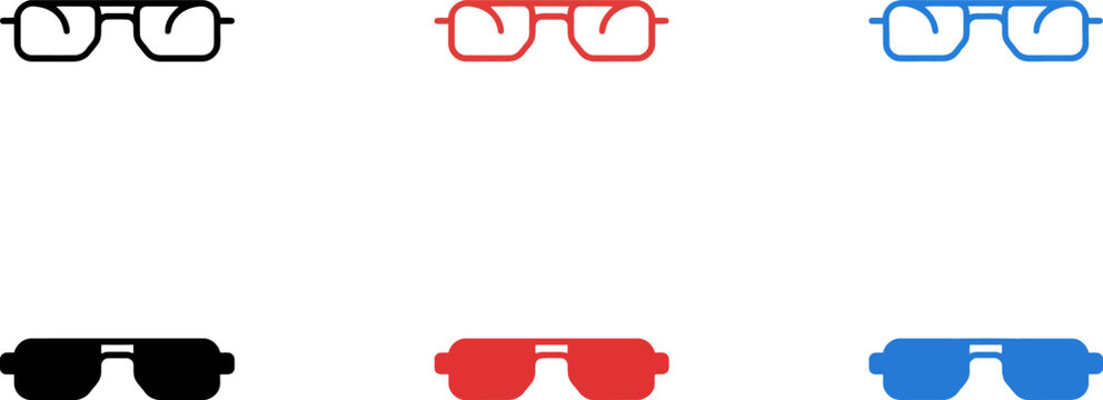 Colorful 3D glasses icons in black red and blue for virtual reality and movies