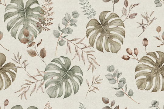 Seamless botanical pattern with watercolor monstera leaves, eucalyptus sprigs, and berries on a light textured beige background