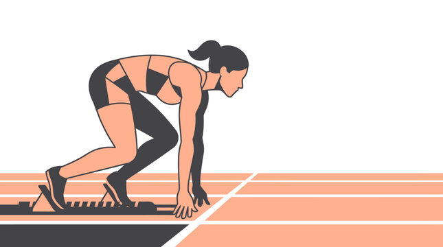 Female athlete preparing to sprint on a running track with determination