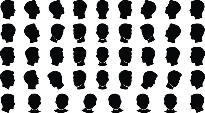 Collection of Professional Male Head Silhouette Icons in Various Angles and Head Positions for Design