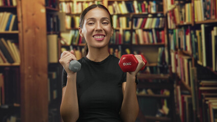 Hispanic young woman holding red and gray dumbbells, smiling and lifting weights among bookshelves in a library building  study fitness joy. © Krakenimages.com