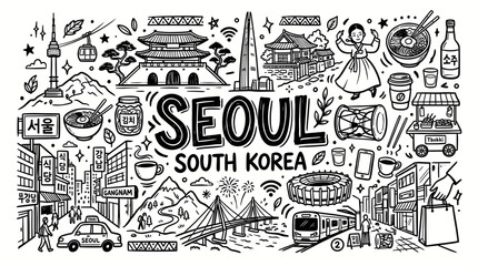 Obraz premium Seoul South Korea Travel Landmarks in Black and White Hand Drawn Doodle Style