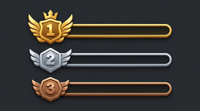 Gaming rank badges with gold silver and bronze shields featuring wings and crowns on dark background, for competitive leaderboard ui