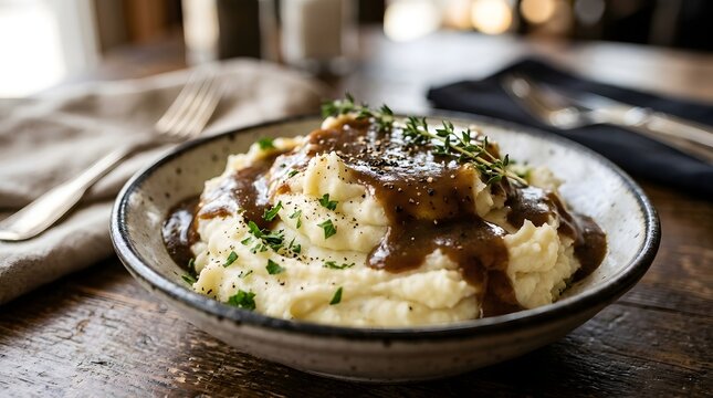 Happy thanksgiving day feast creamy mashed potatoes with rich gravy and fresh herbs holiday dinner
