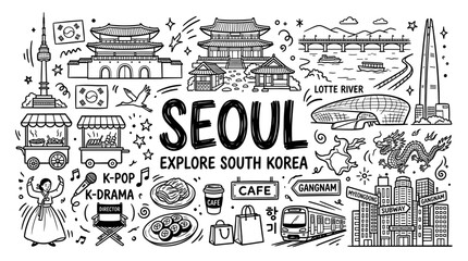 Obraz premium Seoul South Korea Travel Landmarks in Black and White Hand Drawn Doodle Style