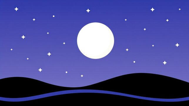 Serene Night Landscape Illustration Gradient Sky Deep Blue Soft Purple Bright Full Moon Luminous Glow Scattered White Stars Black Silhouetted Hills Winding Blue River Minimalist Flat Vector Design Cle