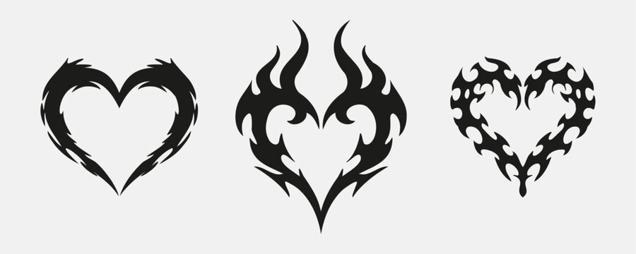 Y2k cyber tribal heart tattoo set. Gothic punk streetwear liquid flame ornament collection. Abstract fluid fire shape graphic. Dark aesthetic black demon horn curve. Silhouette wing emblem logotype