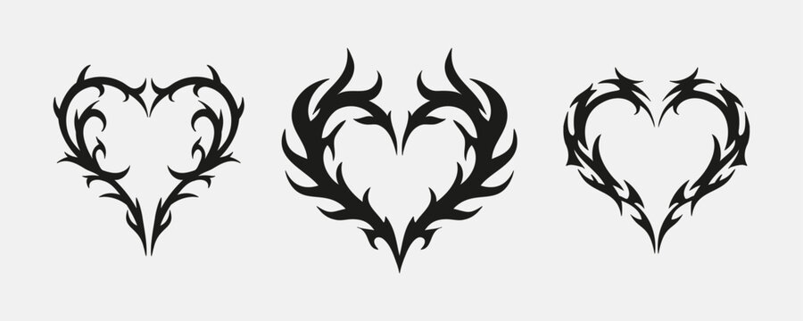 Tribal heart tattoo set. Gothic cyber y2k style ornament collection. Spiky thorns flame shape graphic. Dark aesthetic punk streetwear decal logotype. Abstract sharp metal curves black grunge emblem