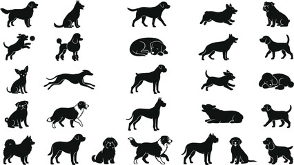 Dog breeds black silhouettes elements set with retriever husky poodle bulldog corgi dachshund pug greyhound and shepherd in various dynamic poses vector illustration © Md