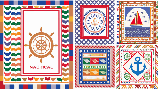 Nautical themed vector illustrations with ship wheels sailboats and anchors on striped backgrounds anchor art
