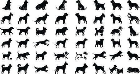Dog breeds black silhouettes icons set with retriever husky poodle bulldog corgi dachshund pug and german shepherd in various poses vector illustration © Md