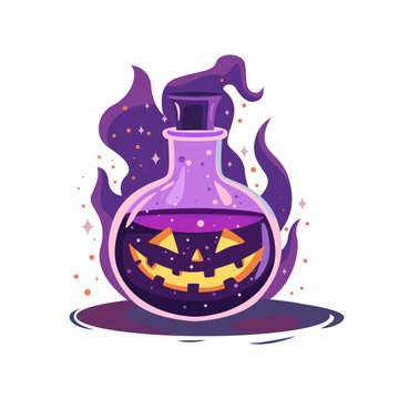 illustration of a bottle with a magic potion for Halloween, festive design with a pumpkin smile (jack-o'-lantern)