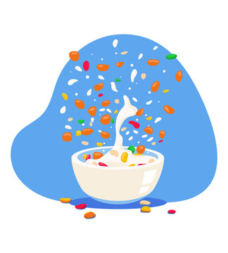plate with milk and colorful cereal. Quick breakfast