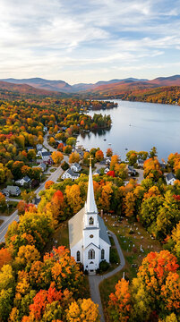 White church in a small village during autumn season