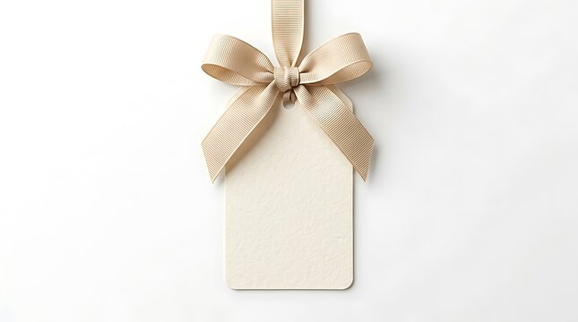 Minimalist blank paper gift tag with elegant beige ribbon bow