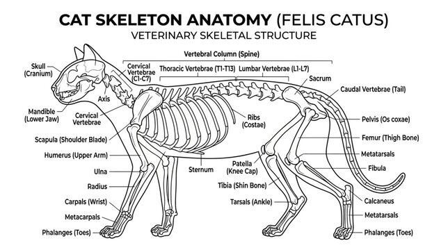 Cat Skeleton Anatomy Diagram - Felis Catus Veterinary Skeletal Structure
