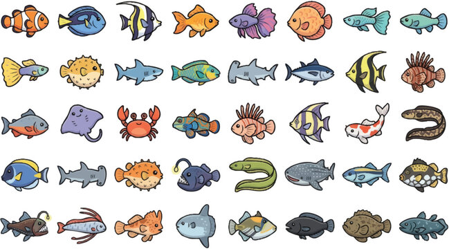 Colorful cartoon fish and sea creatures.