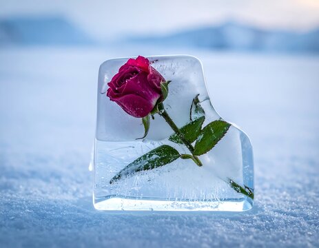 A frozen red rose encased in a block of clear ice on snowy ground