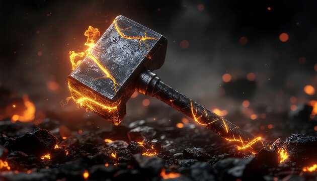 Thor's Hammer, Mjolnir, glowing with fiery cracks and embers on a volcanic background