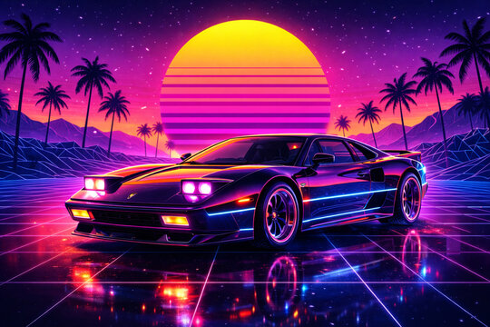 Black cyber sports car with blue neon underglow on wet grid with wireframe mountains and striped sun